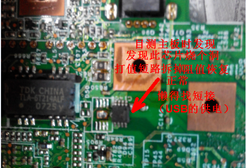 目测时发现主板USB供电芯片烧
